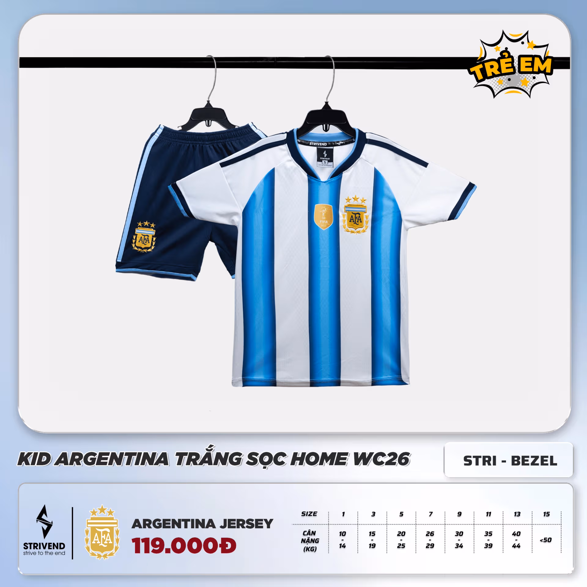 Bộ Quần Áo Bóng Đá Trẻ Em Strivend Argentina Trắng Sọc Home WC26