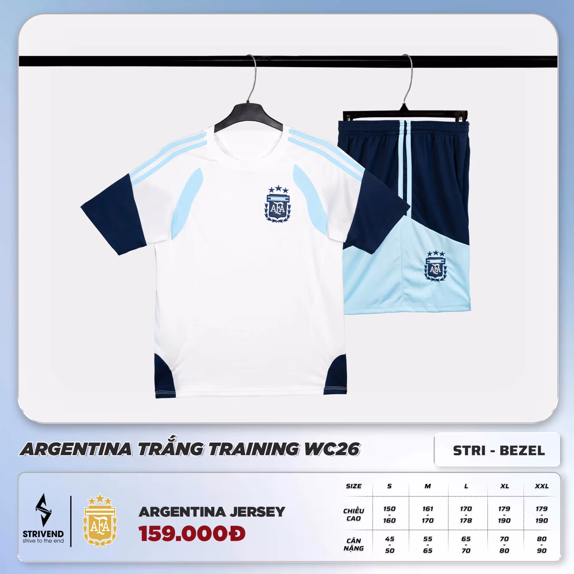 Bộ Quần Áo Bóng Đá Strivend Argentina Trắng Training WC26