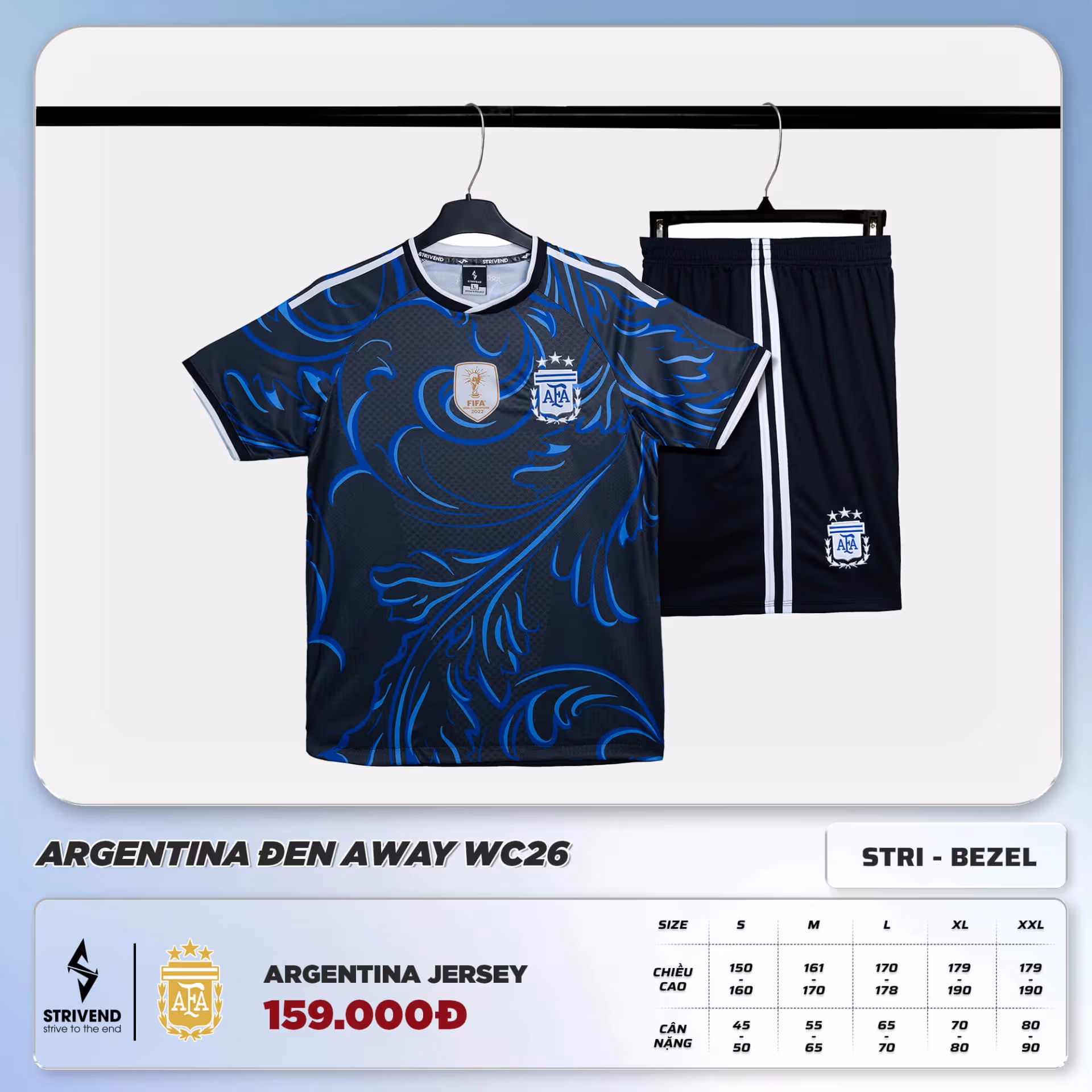 Bộ Quần Áo Bóng Đá Strivend Argentina Đen Away
