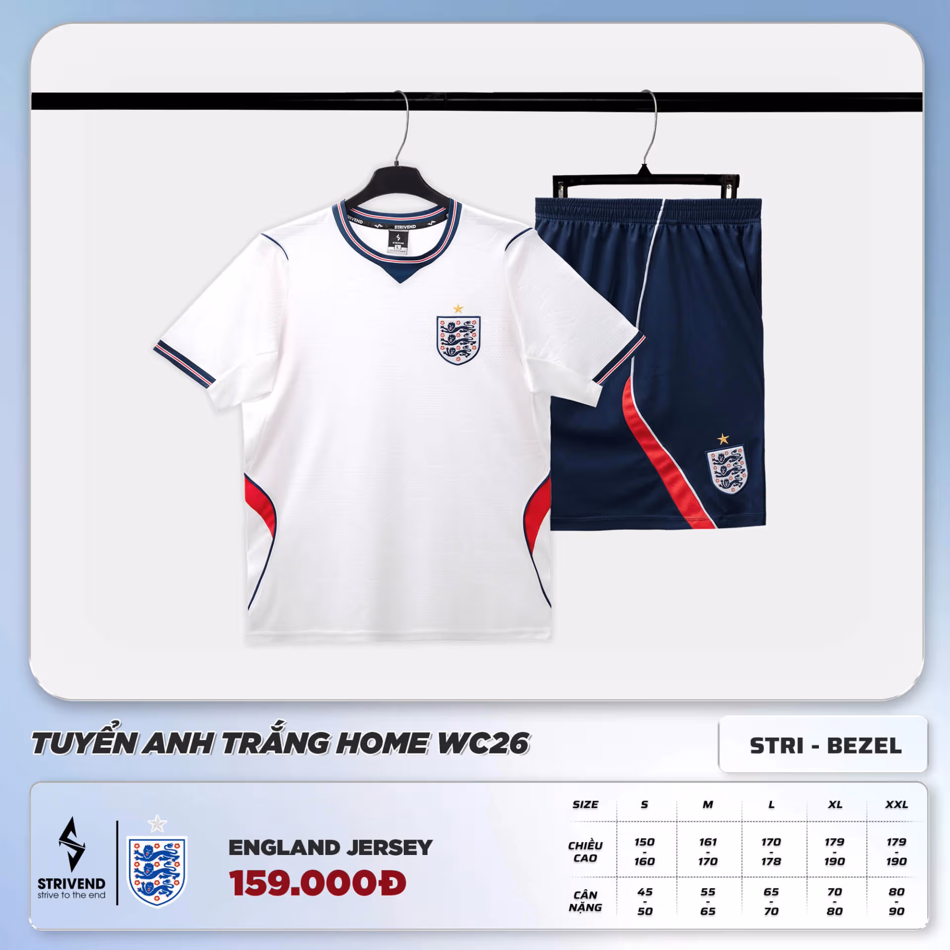 Bộ Quần Áo Bóng Đá Strivend Anh Trắng WC2026