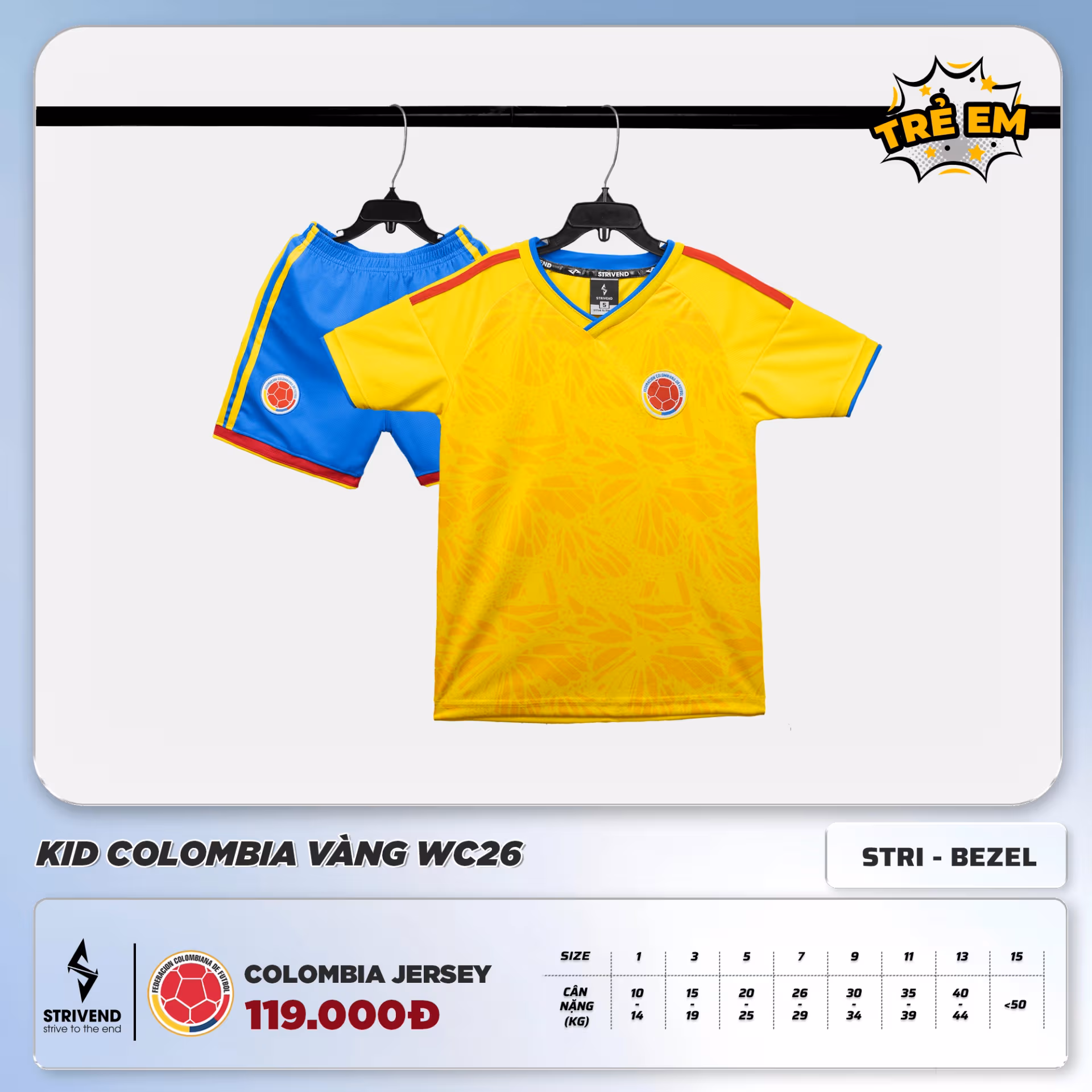 Bộ Quần Áo Bóng Đá Trẻ Em Strivend Colombia Vàng WC26