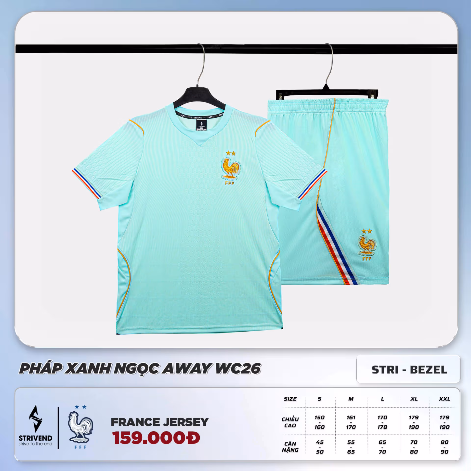 Bộ Quần Áo Bóng Đá Strivend Pháp Xanh Ngọc Away WC26 1