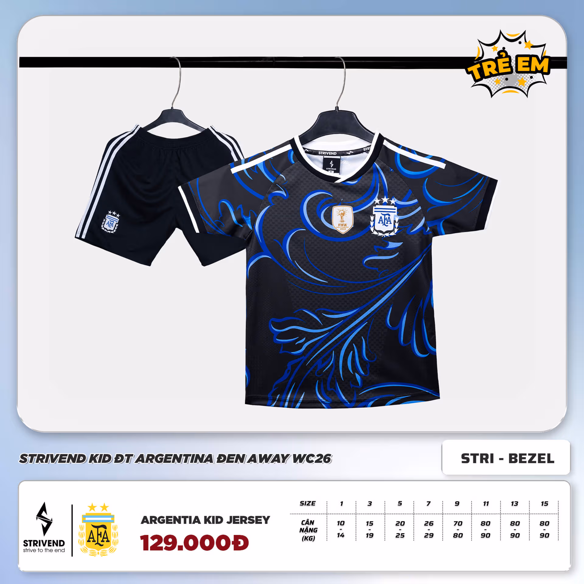Bộ Quần Áo Bóng Đá Trẻ Em Strivend Argentina Đen Away WC26