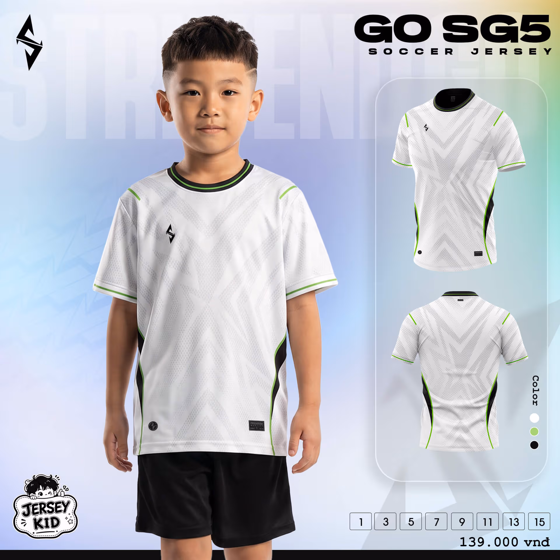 Bộ quần áo bóng đá trẻ em Strivend Go Kid SG05 Trắng Xanh Lá