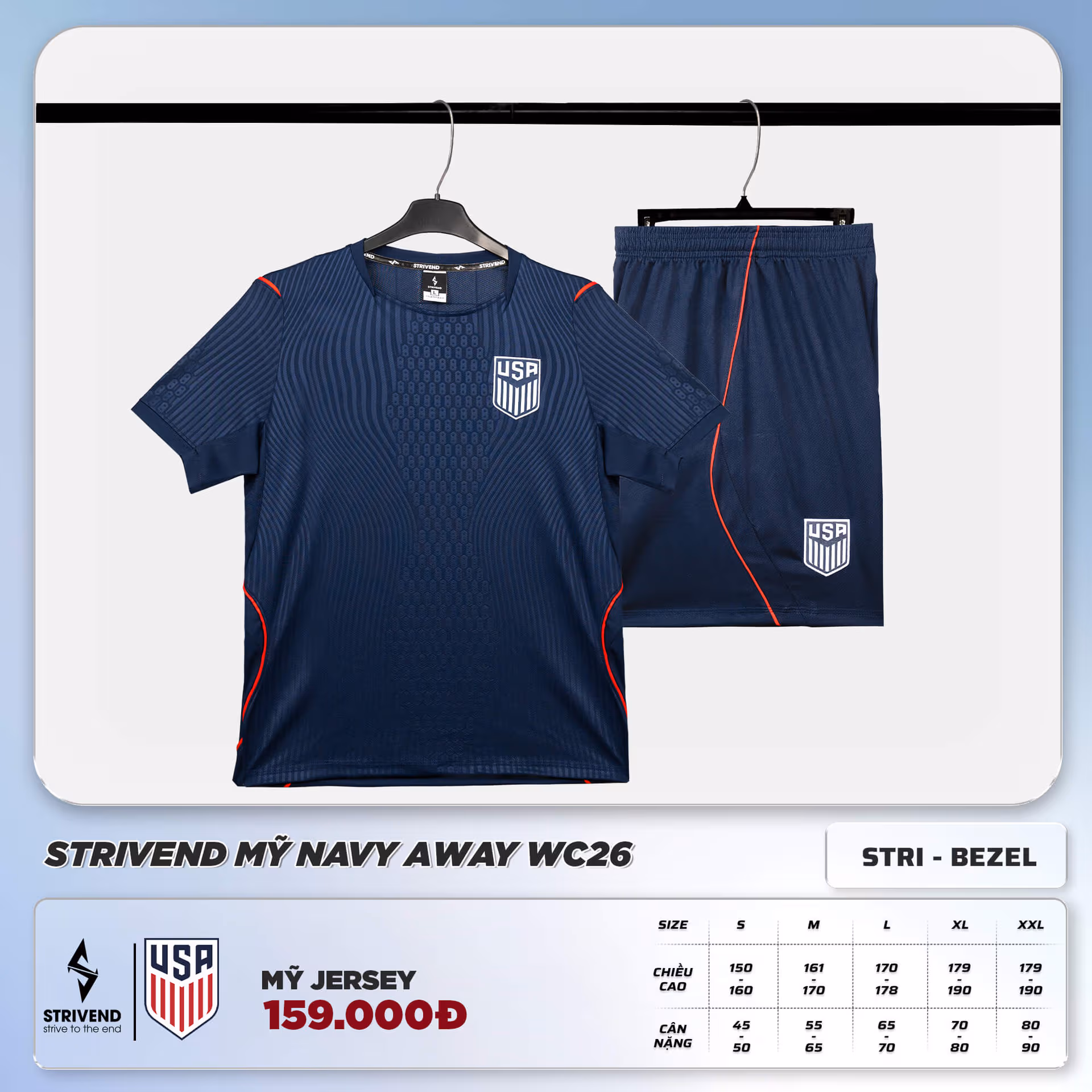 Bộ Quần Áo Bóng Đá Strivend Mỹ Navy Away WC26