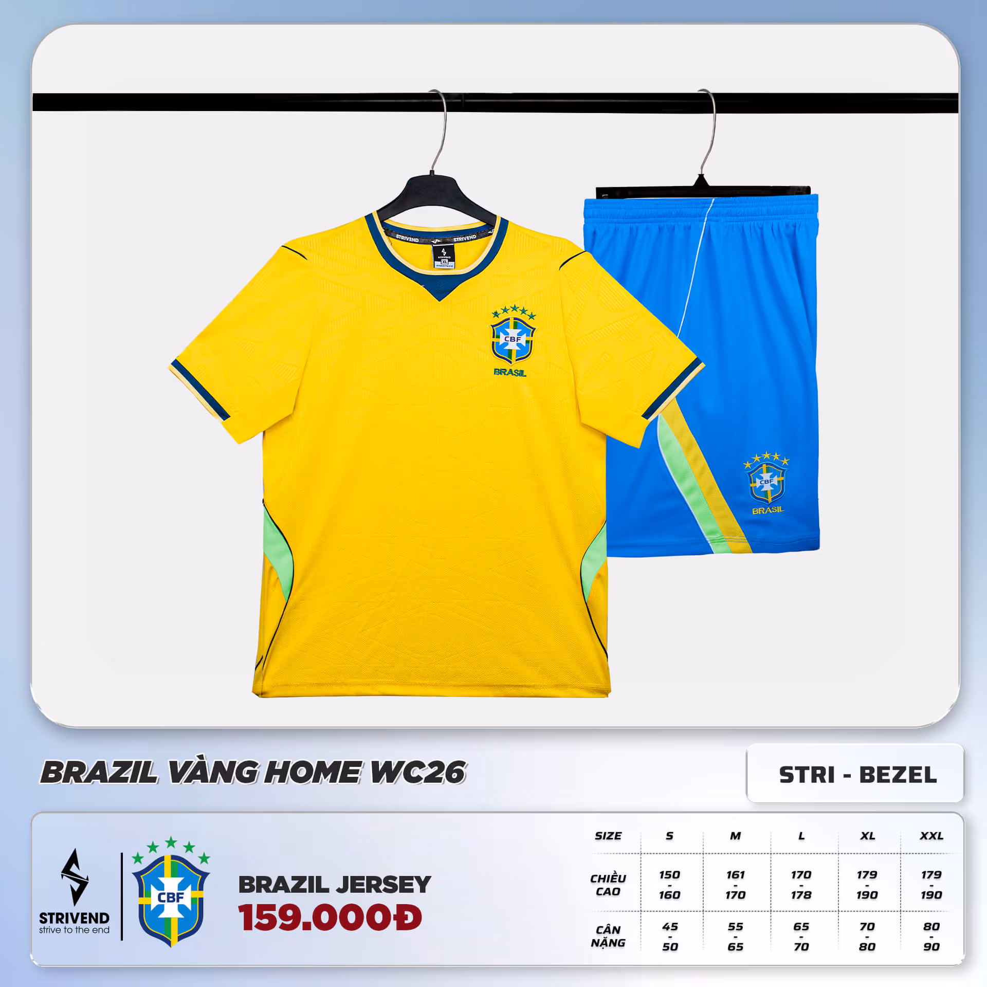 Bộ Quần Áo Bóng Đá Strivend Brazil Vàng Home WC26