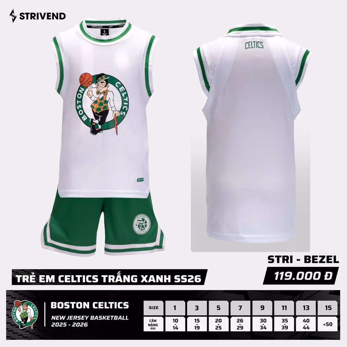 Bộ Quần Áo Bóng Rổ Strivend Trẻ Em Celtics Trắng Xanh