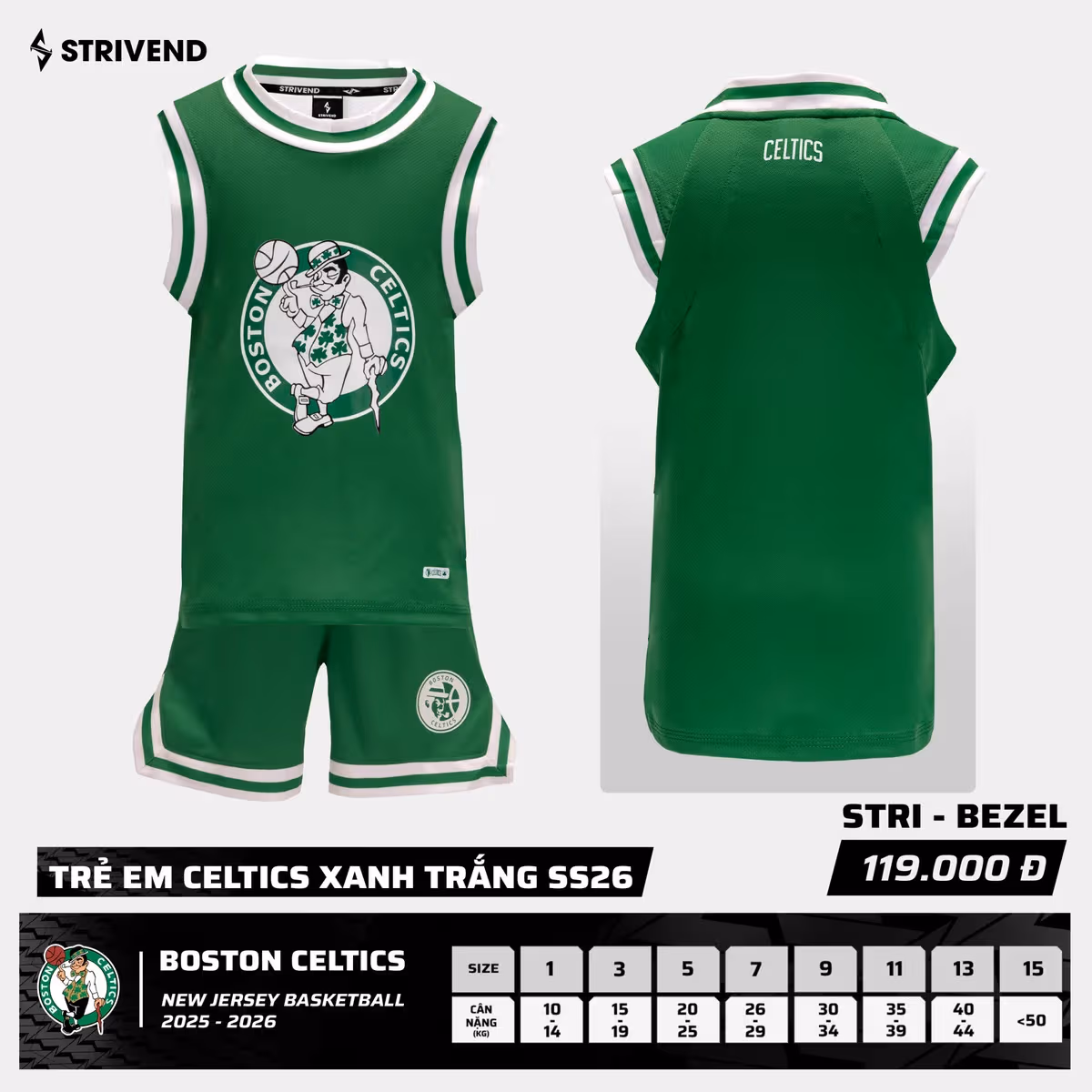 Bộ Quần Áo Bóng Rổ Strivend Trẻ Em Celtics Xanh Trắng