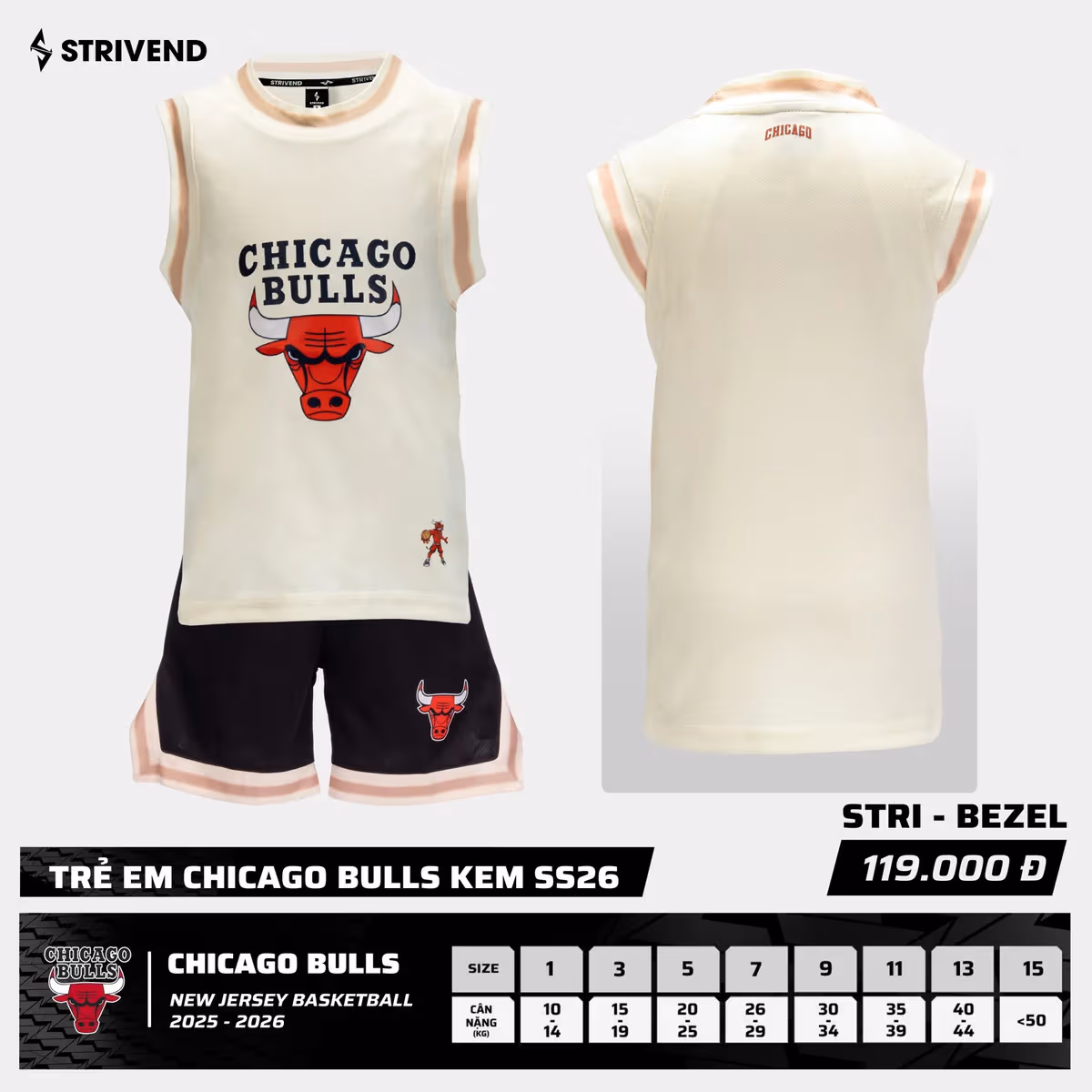 Bộ Quần Áo Bóng Rổ Strivend Trẻ Em Chicago Bulls Trắng Kem