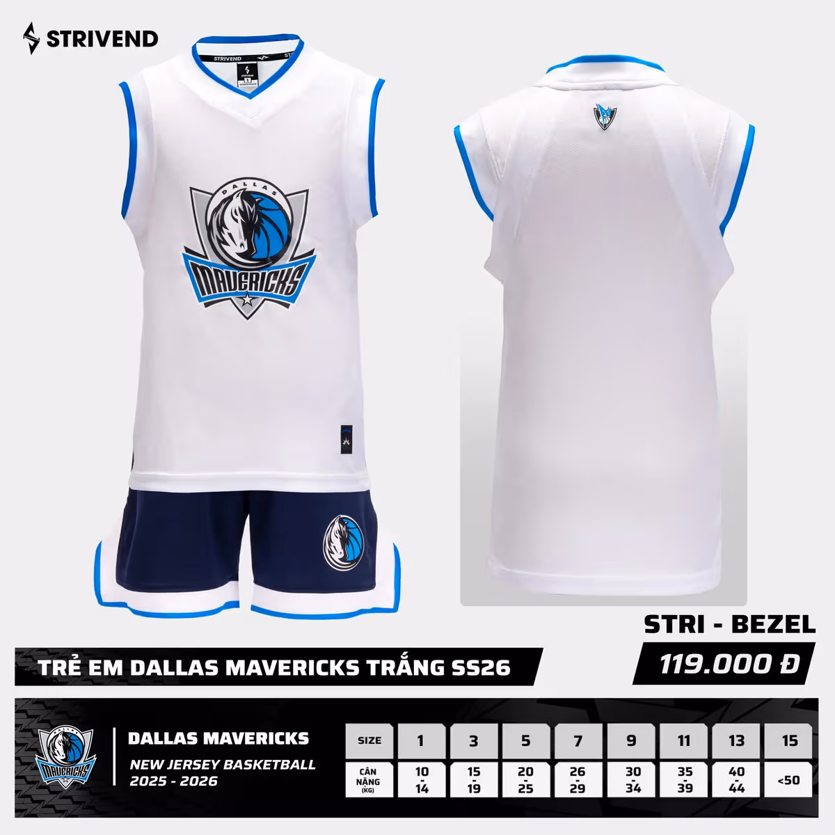 Bộ Quần Áo Bóng Rổ Strivend Trẻ Em Dallas Mavericks Trắng