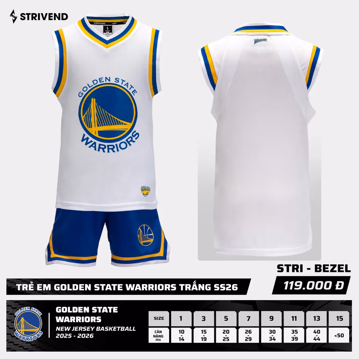 Bộ Quần Áo Bóng Rổ Strivend Trẻ Em Golden State Warriors Trắng
