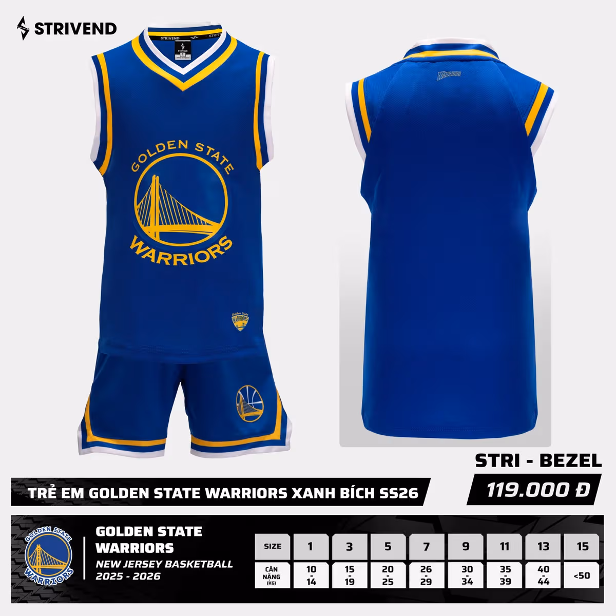 Bộ Quần Áo Bóng Rổ Strivend Trẻ Em Golden State Warriors Xanh Bích