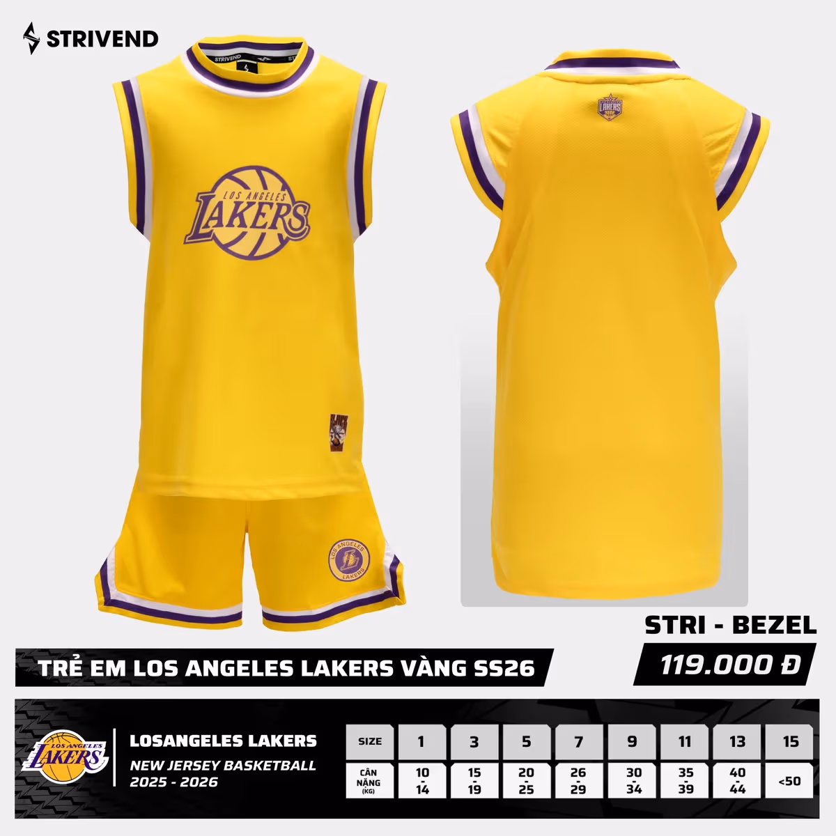 Bộ Quần Áo Bóng Rổ Strivend Trẻ Em Los Angeles Lakers Vàng