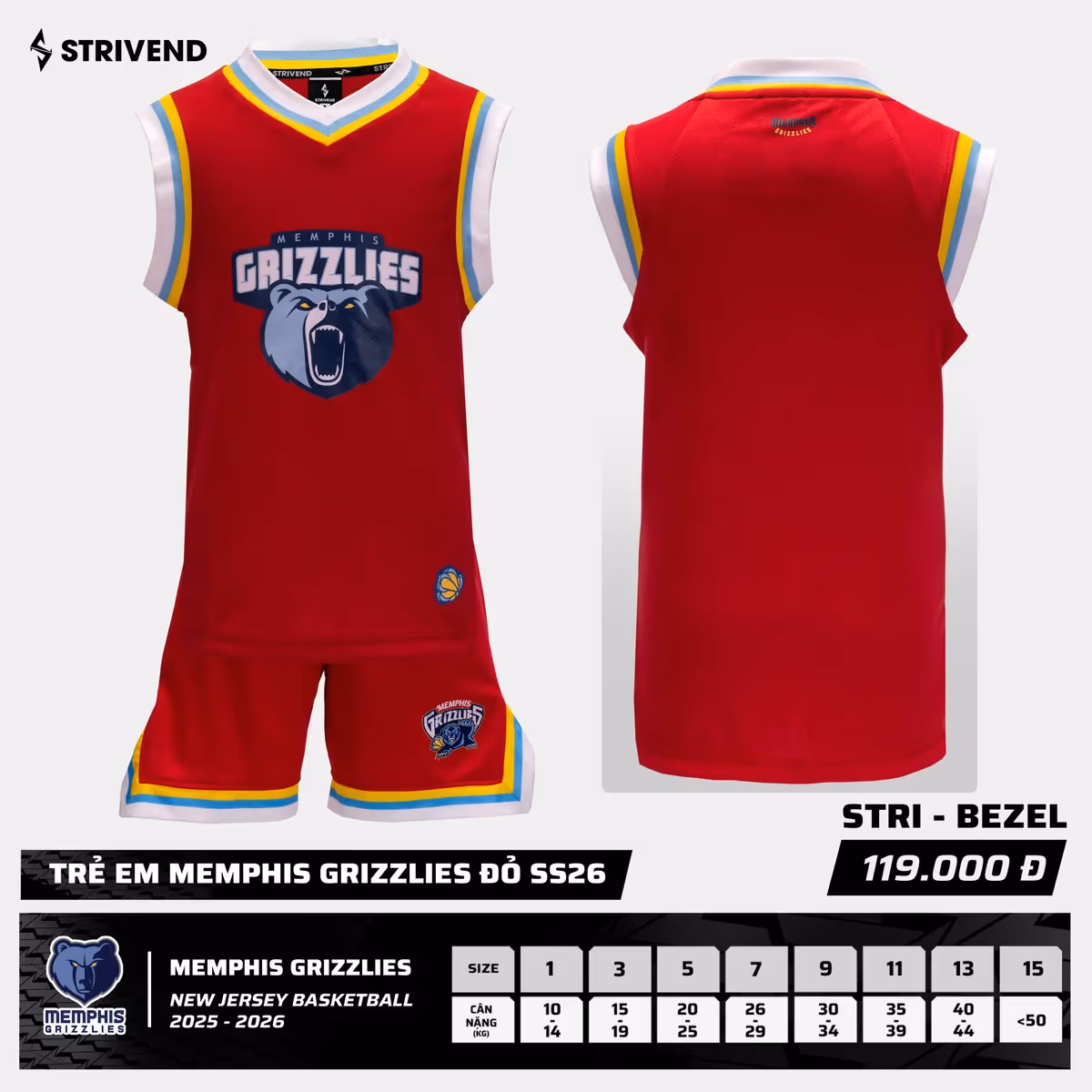 Bộ Quần Áo Bóng Rổ Strivend Trẻ Em Memphis Grizzlies Đỏ