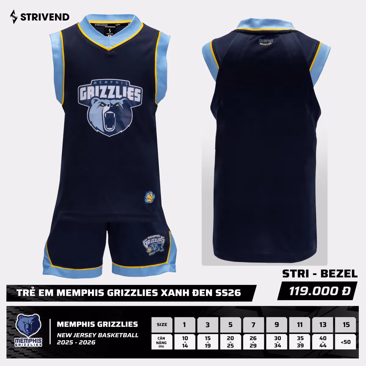 Bộ Quần Áo Bóng Rổ Strivend Trẻ Em Memphis Grizzlies Xanh Đen