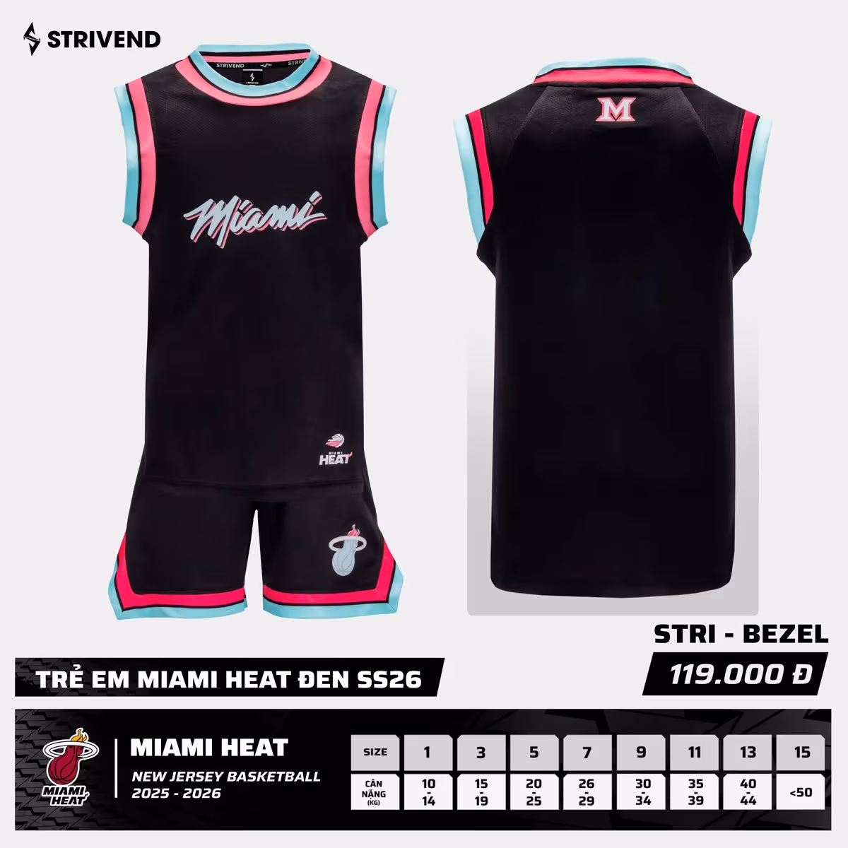 Bộ Quần Áo Bóng Rổ Strivend Trẻ Em Miami Heat Đen