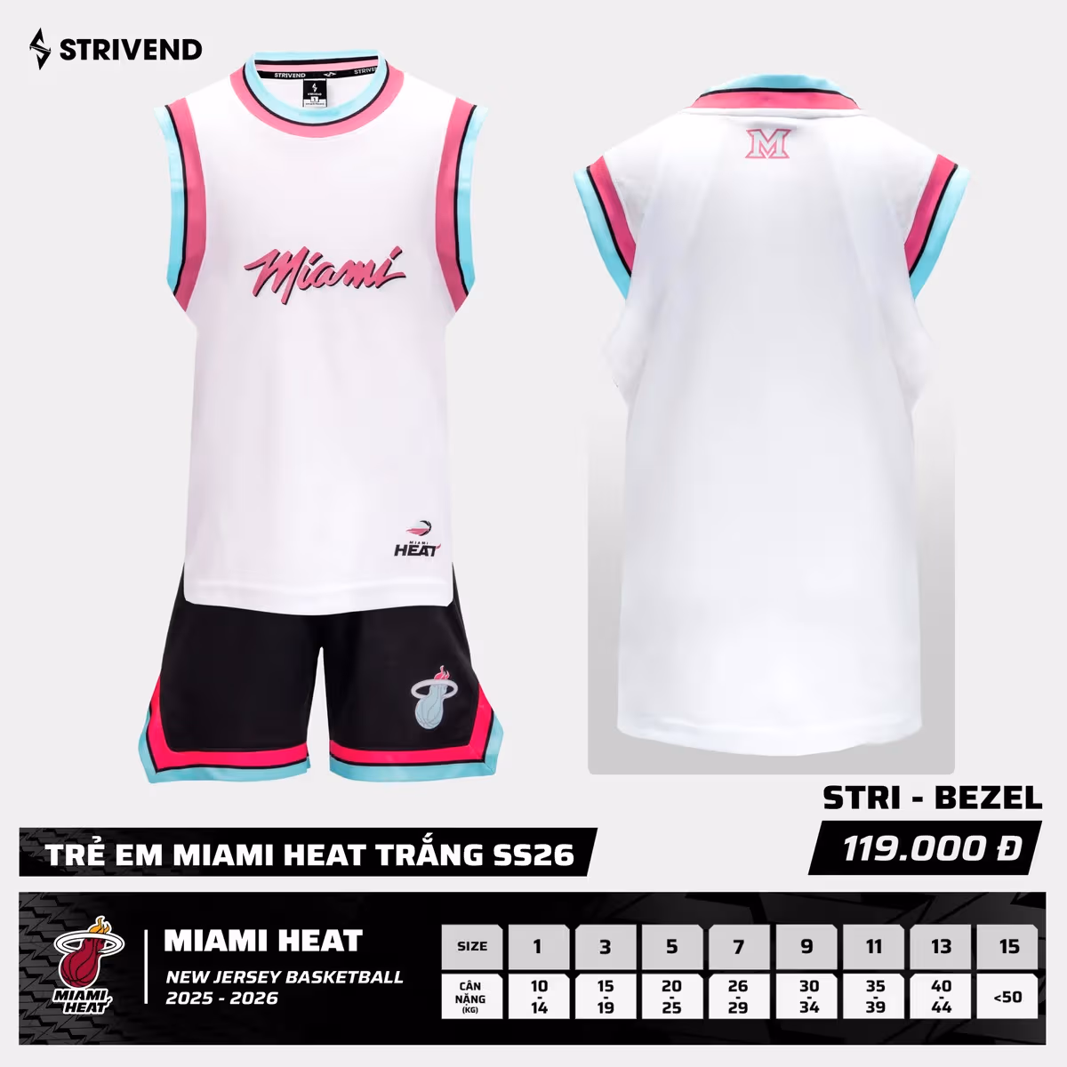 Bộ Quần Áo Bóng Rổ Strivend Trẻ Em Miami Heat Trắng