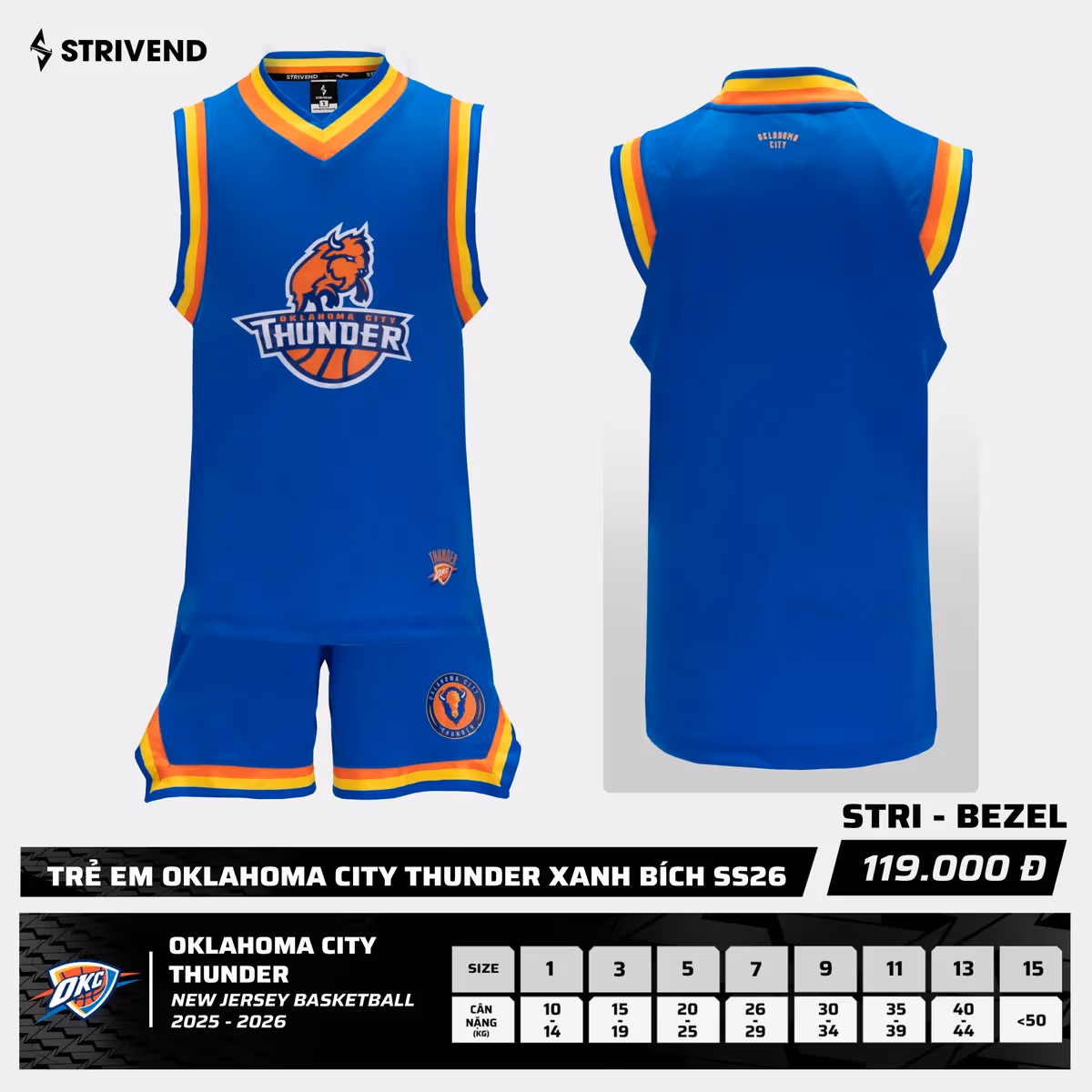 Bộ Quần Áo Bóng Rổ Strivend Trẻ Em Oklahoma City Thunder Xanh Bích