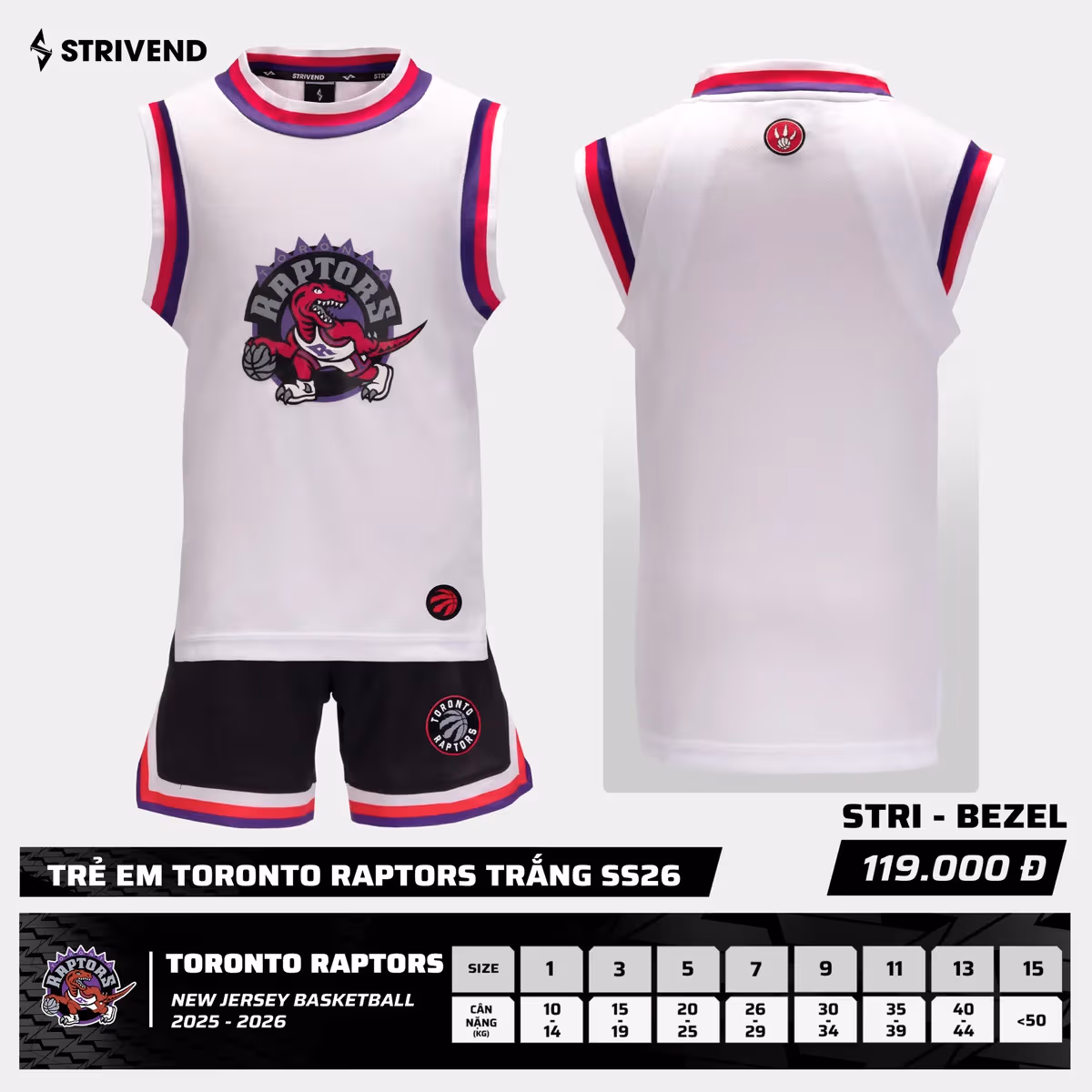 Bộ Quần Áo Bóng Rổ Strivend Trẻ Em Toronto Raptors Trắng
