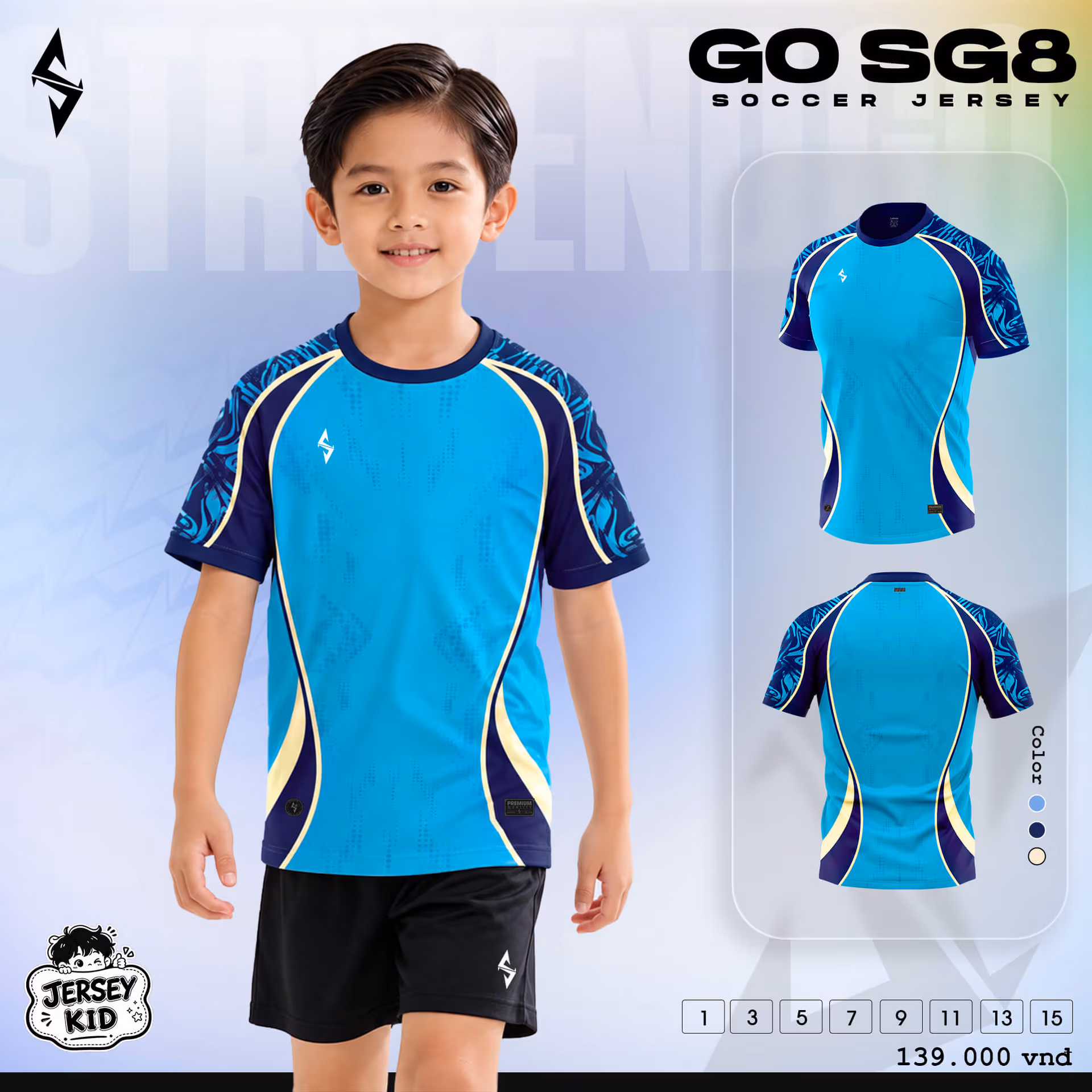 Bộ quần áo bóng đá trẻ em Strivend Go Kid SG08 Thiên Thanh