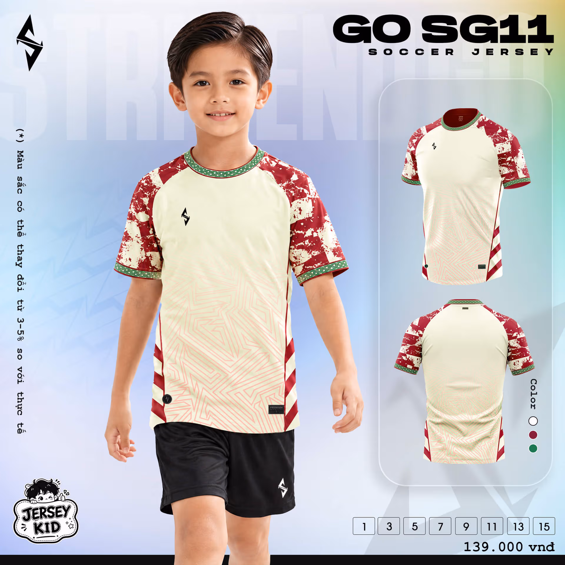 Bộ quần áo bóng đá trẻ em Strivend Go Kid SG11 Kem