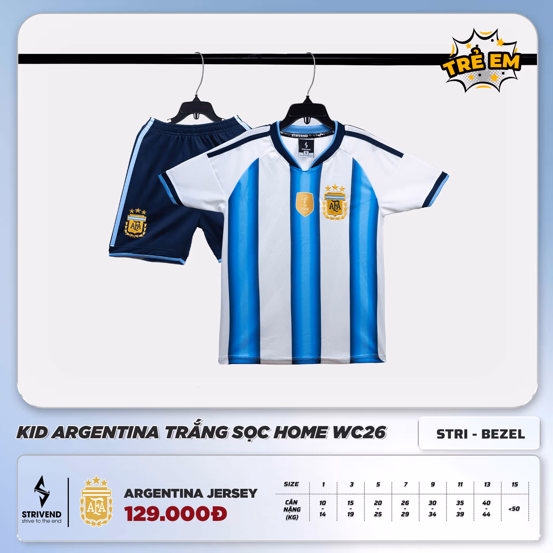 Bộ Quần Áo Bóng Đá Trẻ Em Strivend Argentina Trắng Sọc Home WC26