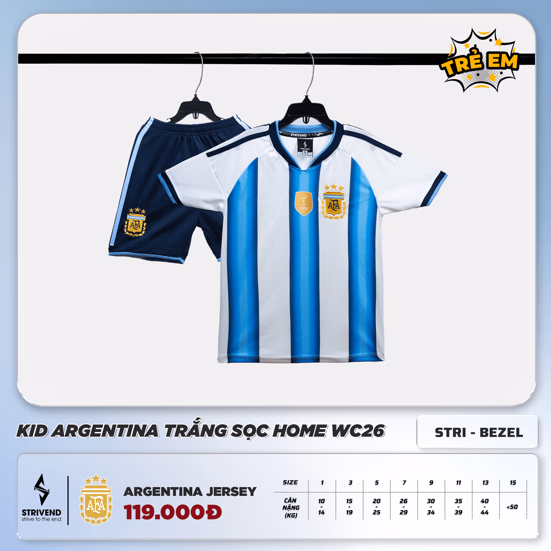 Bộ Quần Áo Bóng Đá Trẻ Em Strivend Argentina Trắng Sọc Home WC26