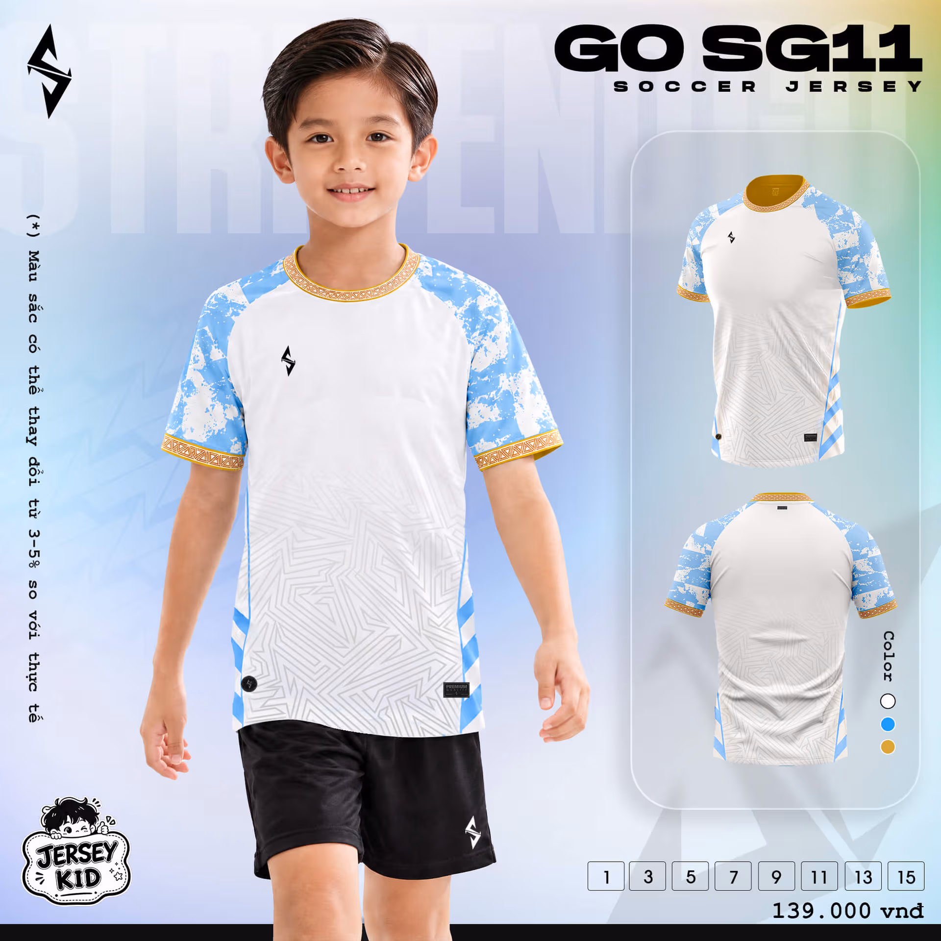 Bộ quần áo bóng đá trẻ em Strivend Go Kid SG11 Trắng Biển