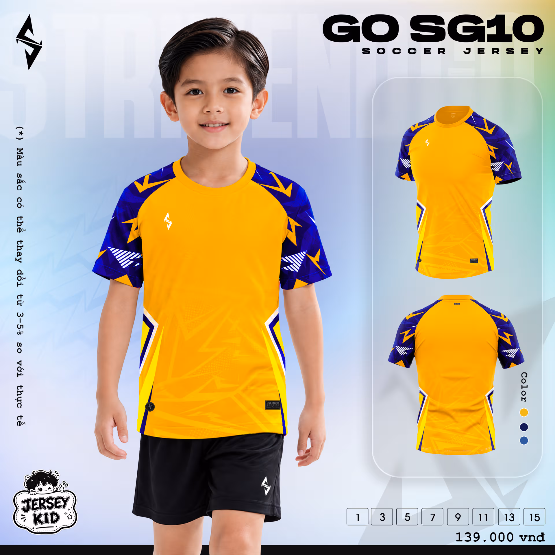 Bộ quần áo bóng đá trẻ em Strivend Go Kid SG10 Vàng