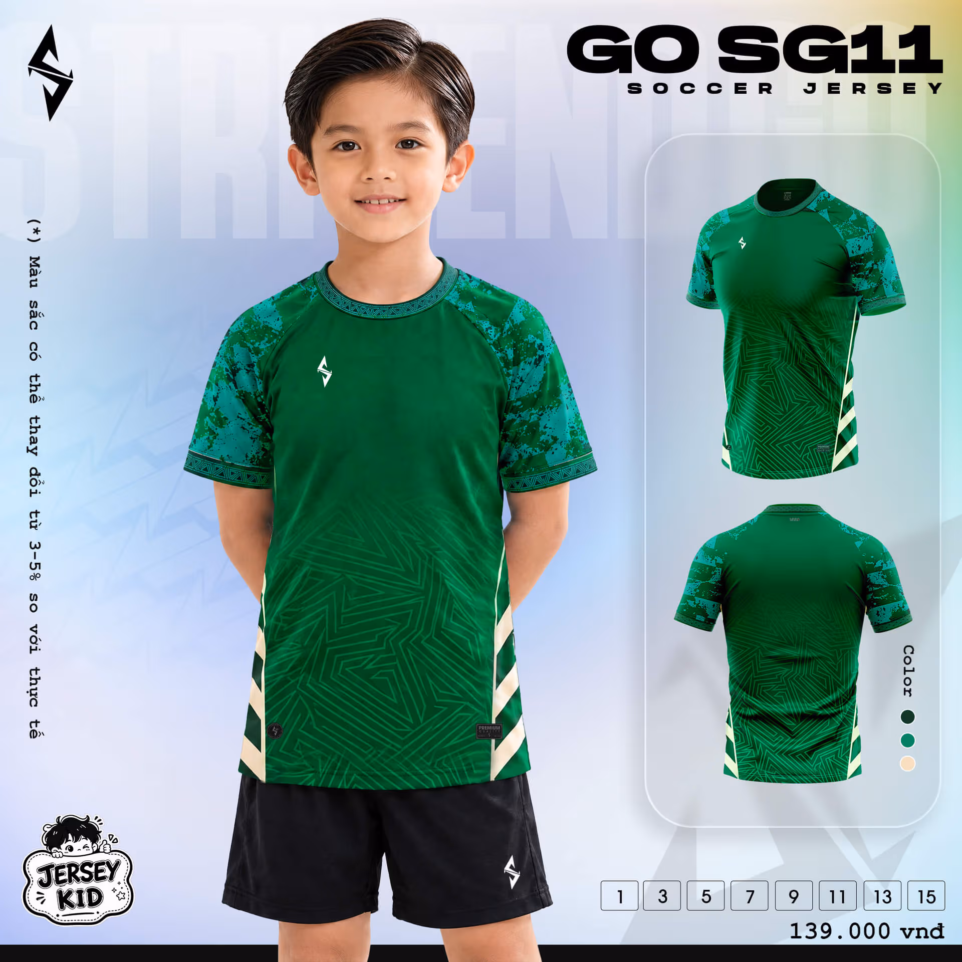 Bộ quần áo bóng đá trẻ em Strivend Go Kid SG11 Xanh Lá