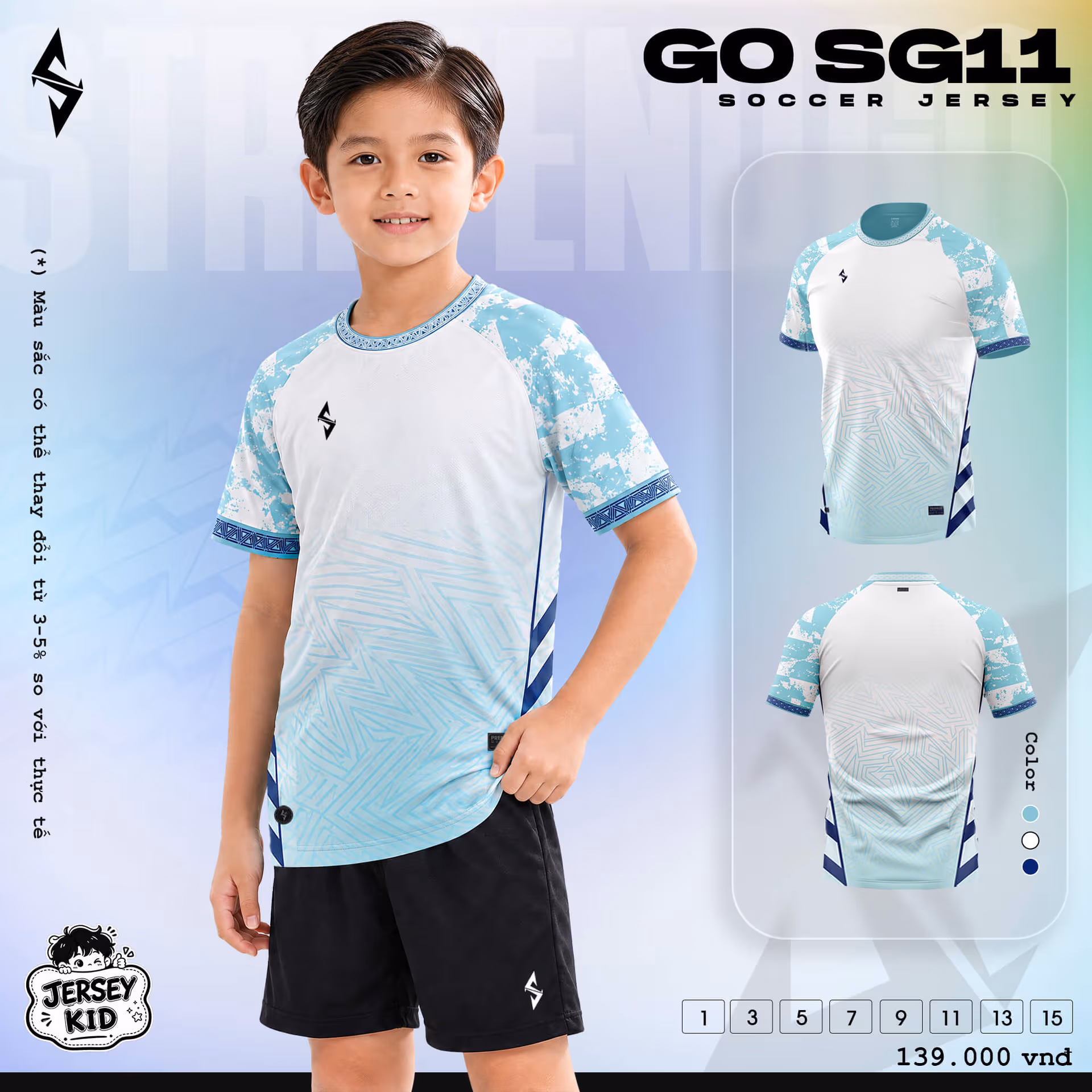 Bộ quần áo bóng đá trẻ em Strivend Go Kid SG11 Thiên Thanh