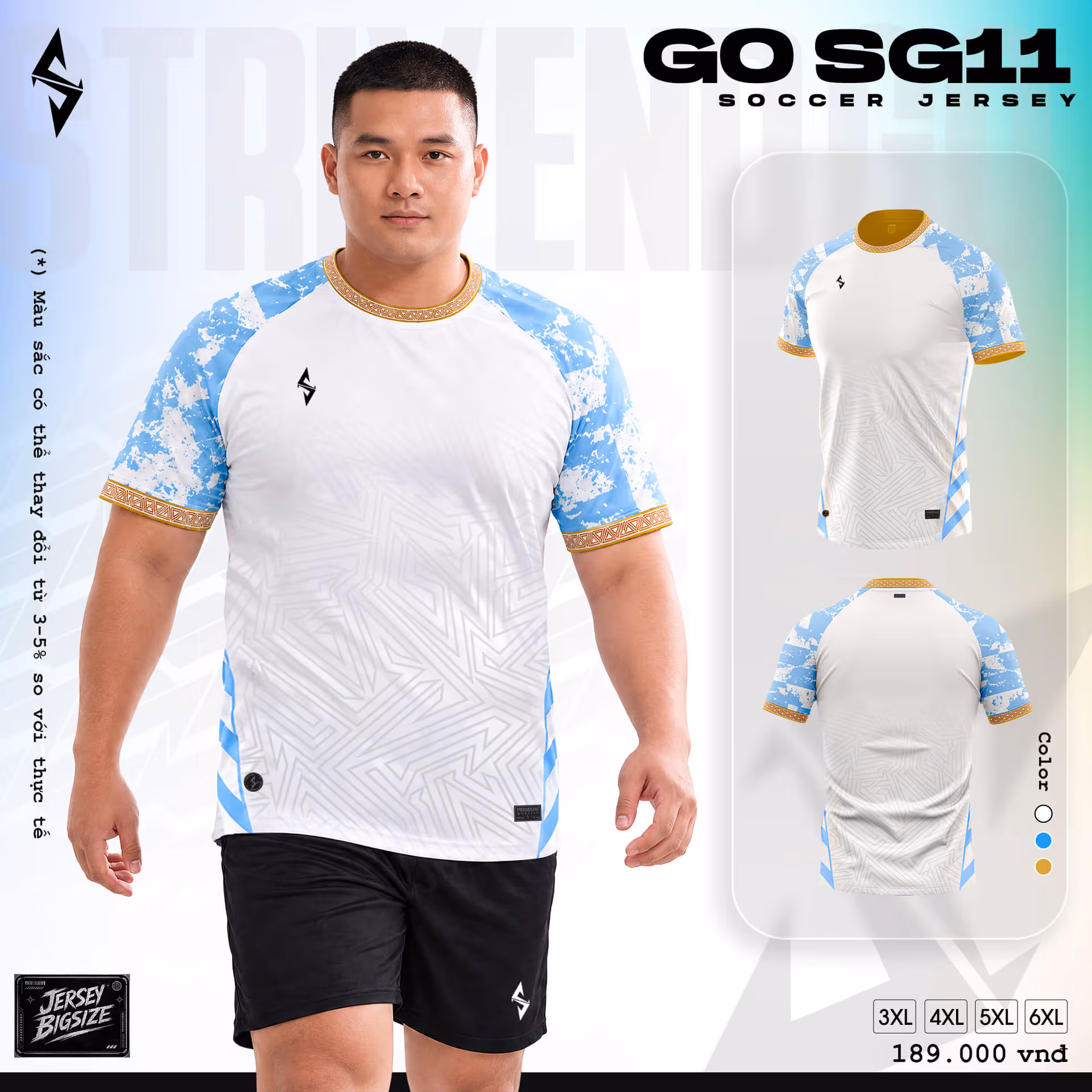 Bộ quần áo bóng đá Strivend Go Big Size SG11 Trắng Biển