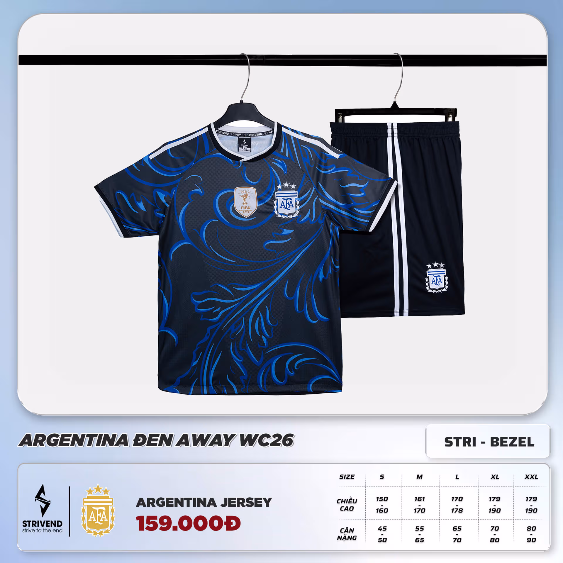 Bộ Quần Áo Bóng Đá Strivend Argentina Đen Away