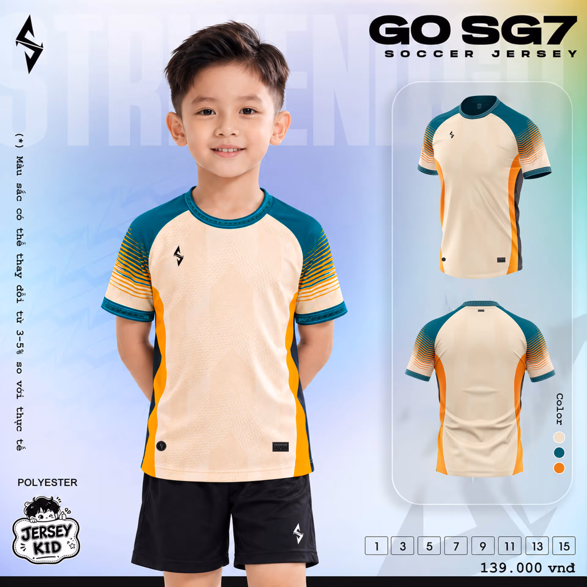 Bộ quần áo bóng đá trẻ em Strivend Go Kid SG07 Kem
