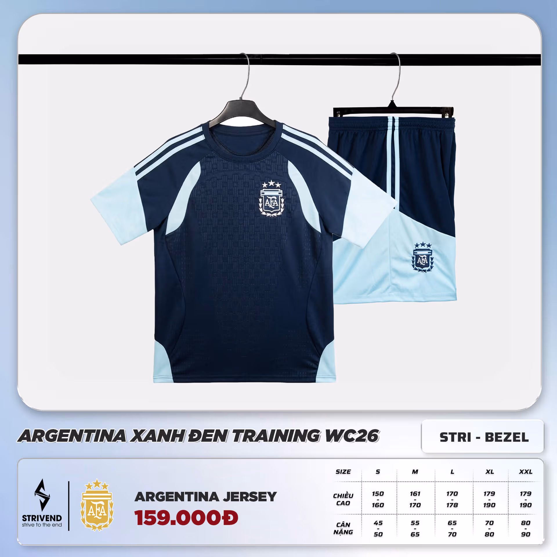 Bộ Quần Áo Bóng Đá Strivend Argentina Xanh Đen Training WC26