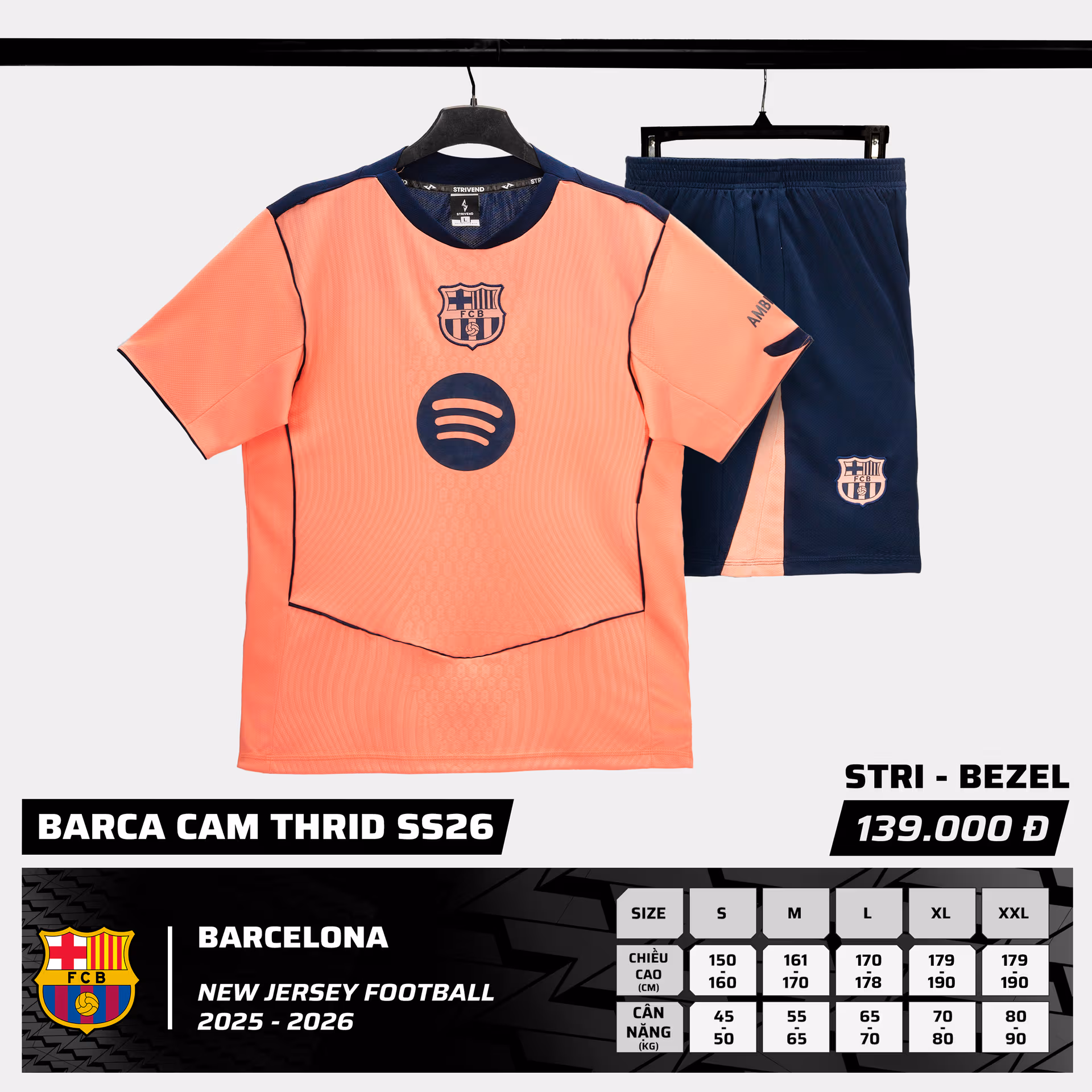 Bộ Quần Áo Bóng Đá Strivend Barcelona Cam Third Kit SS26