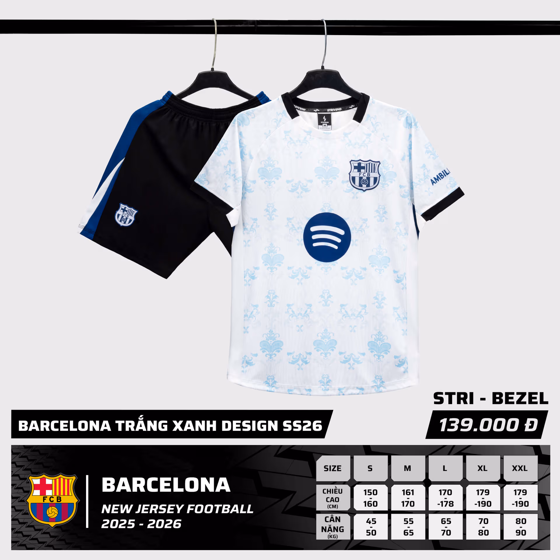 Bộ Quần Áo Bóng Đá Strivend Barcelona Trắng Xanh Design SS26