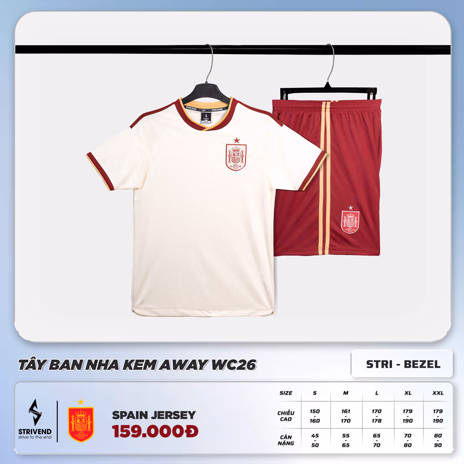 Bộ Quần Áo Bóng Đá Strivend Tây Ban Nha Kem Away WC26