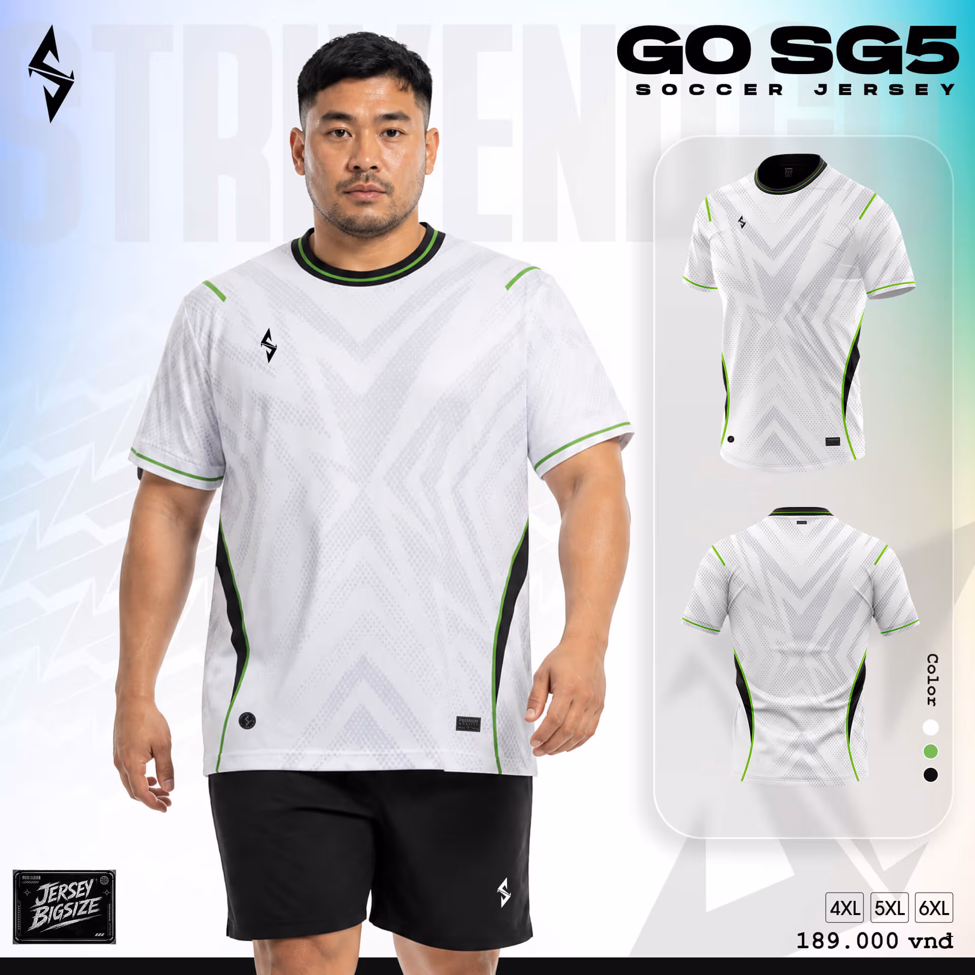 Bộ quần áo bóng đá Strivend Go Big Size SG05 Trắng Xanh Lá