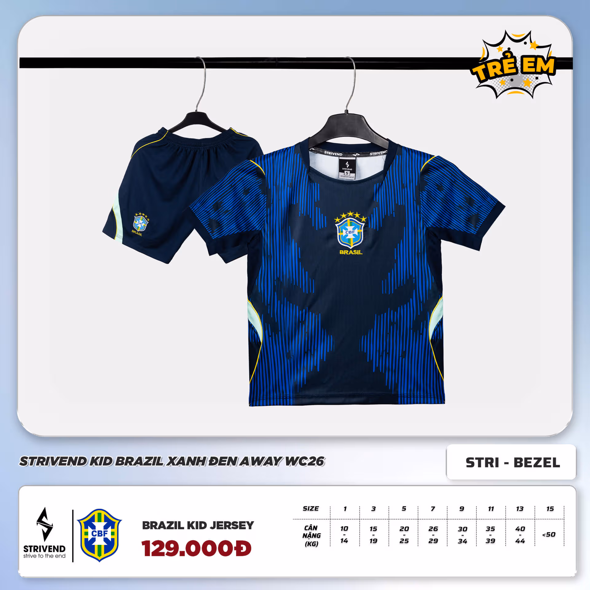 Bộ Quần Áo Bóng Đá Trẻ Em Strivend Brazil Xanh Đen Away WC26