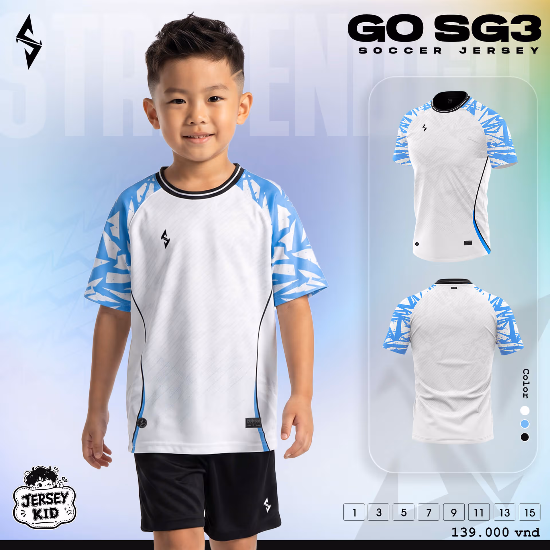 Bộ quần áo bóng đá trẻ em Strivend GO Kid SG03 Trắng Xanh