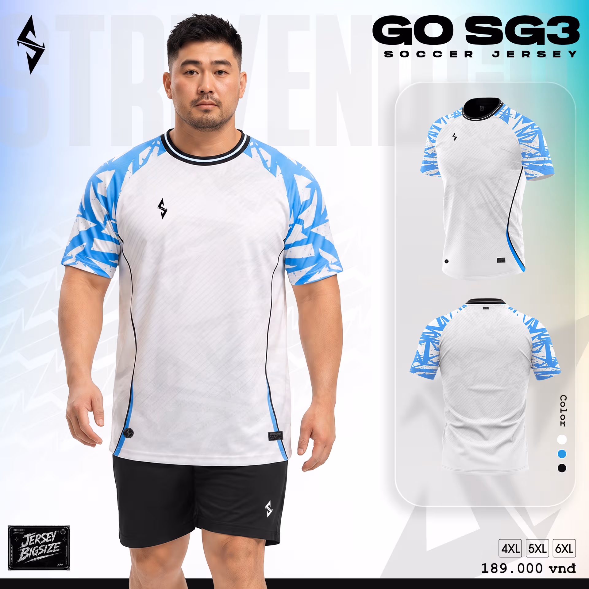 Bộ quần áo bóng đá Strivend Go Big Size SG03 Trắng Xanh