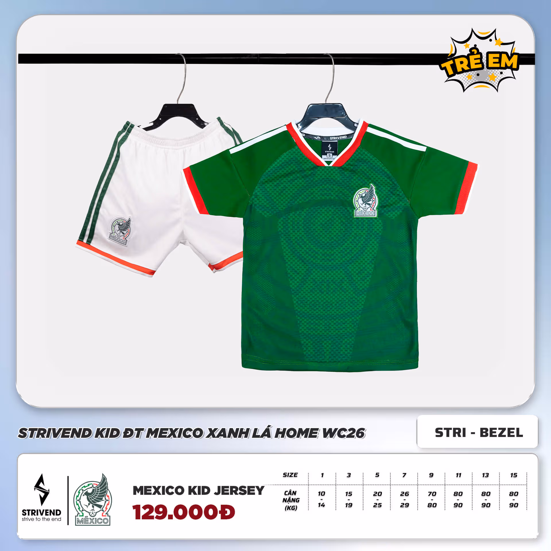 Bộ Quần Áo Bóng Đá Trẻ Em Strivend Mexico Xanh Lá Home WC26
