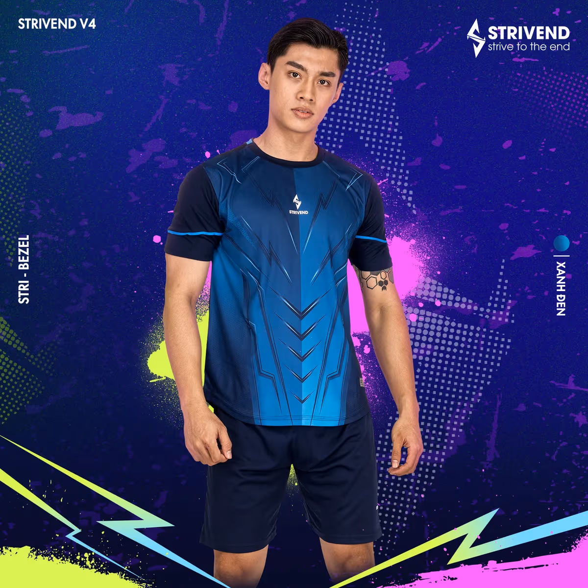 Bộ Quần Áo Bóng Đá Không Logo Strivend V4 Xanh Đen