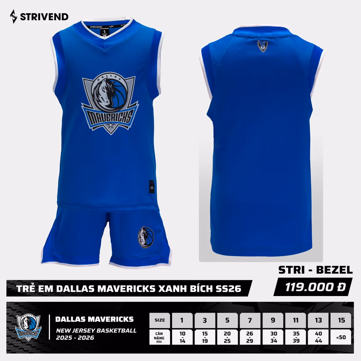 Bộ Quần Áo Bóng Rổ Strivend Trẻ Em Dallas Mavericks Xanh Bích