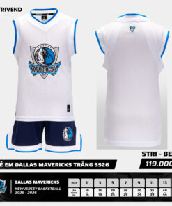 Bộ Quần Áo Bóng Rổ Strivend Trẻ Em Dallas Mavericks Trắng