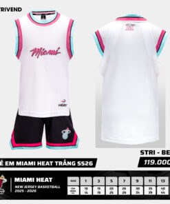 Bộ Quần Áo Bóng Rổ Strivend Trẻ Em Miami Heat Trắng